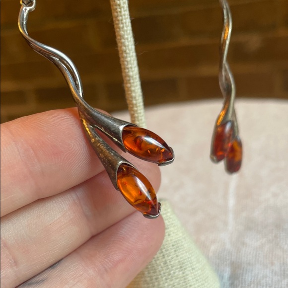 Handmade Sterling Silver and Baltic Amber organic floral hook back drop earrings - Picture 10 of 11